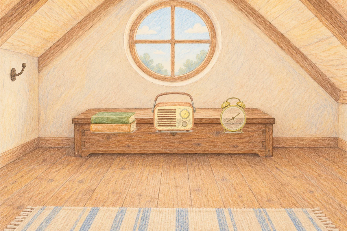과천 여성전용 경락 가격 안내 그림, 낮의 다락방 나무 궤짝 위에 놓인 책 두 권, 작은 라디오, 둥근 알람시계