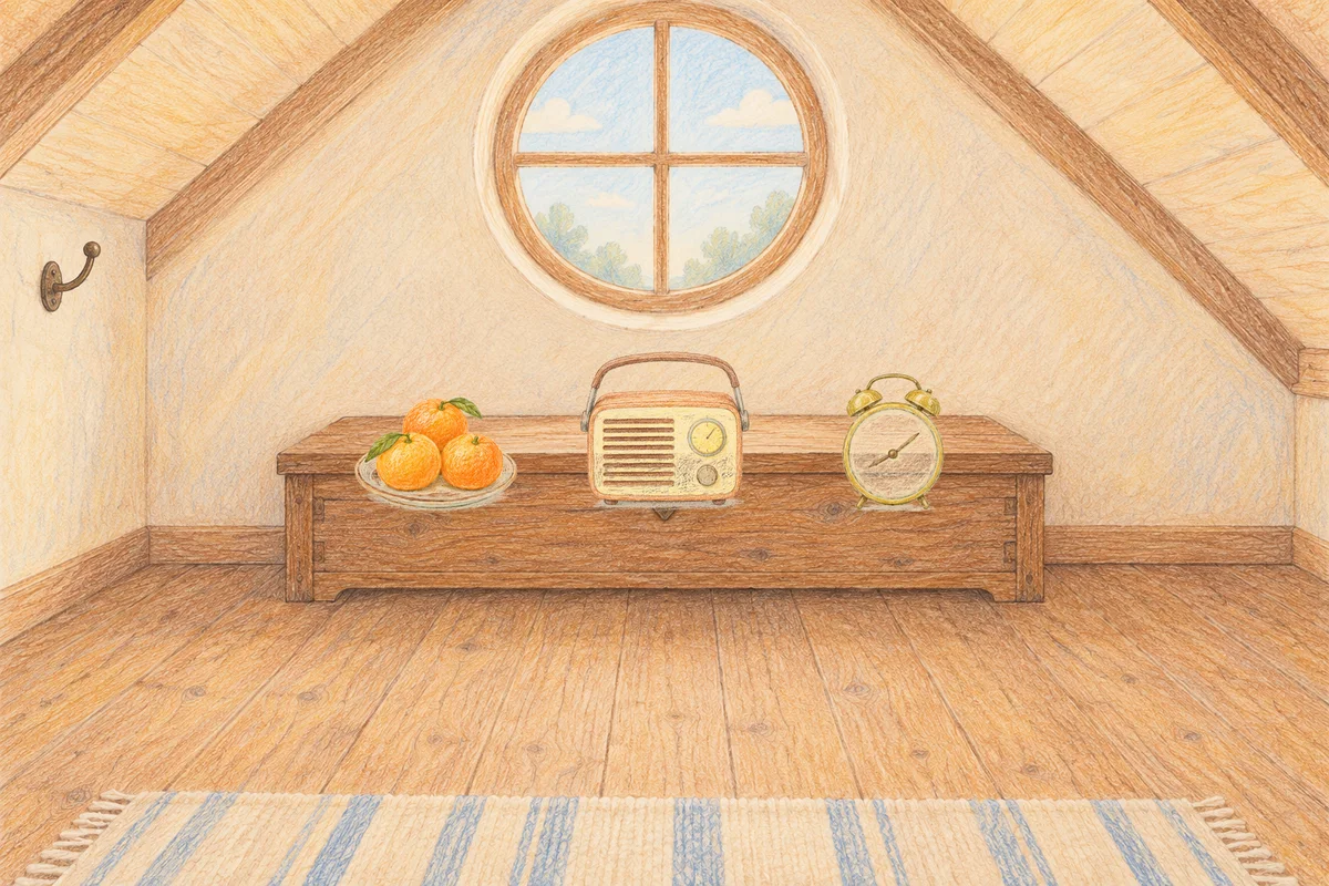 과천 여성전용 경락 추천 안내 그림, 낮의 다락방 나무 궤짝 위에 놓인 귤이 담긴 접시, 작은 라디오, 둥근 알람시계