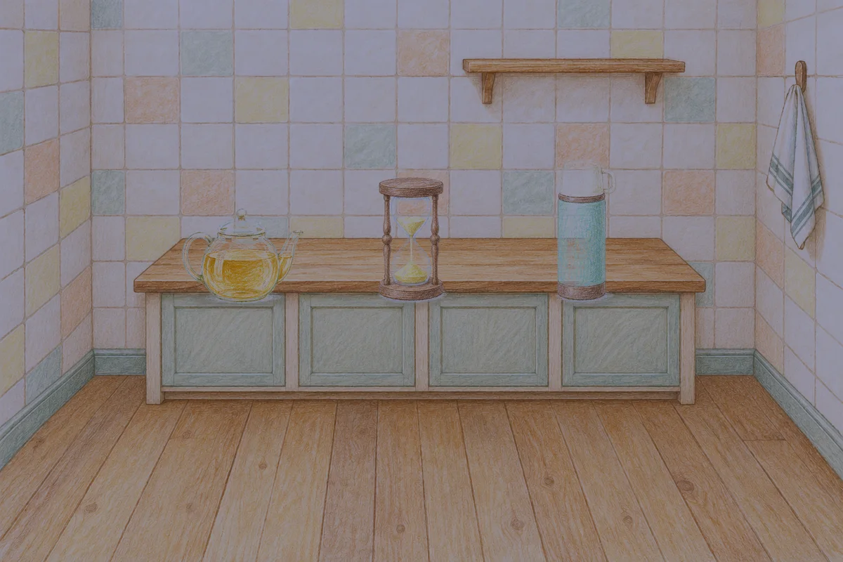 과천 여성전용 방문 홈케어 안내 그림, 밤의 부엌 나무 조리대 위에 놓인 유리 티포트, 모래시계, 보온병