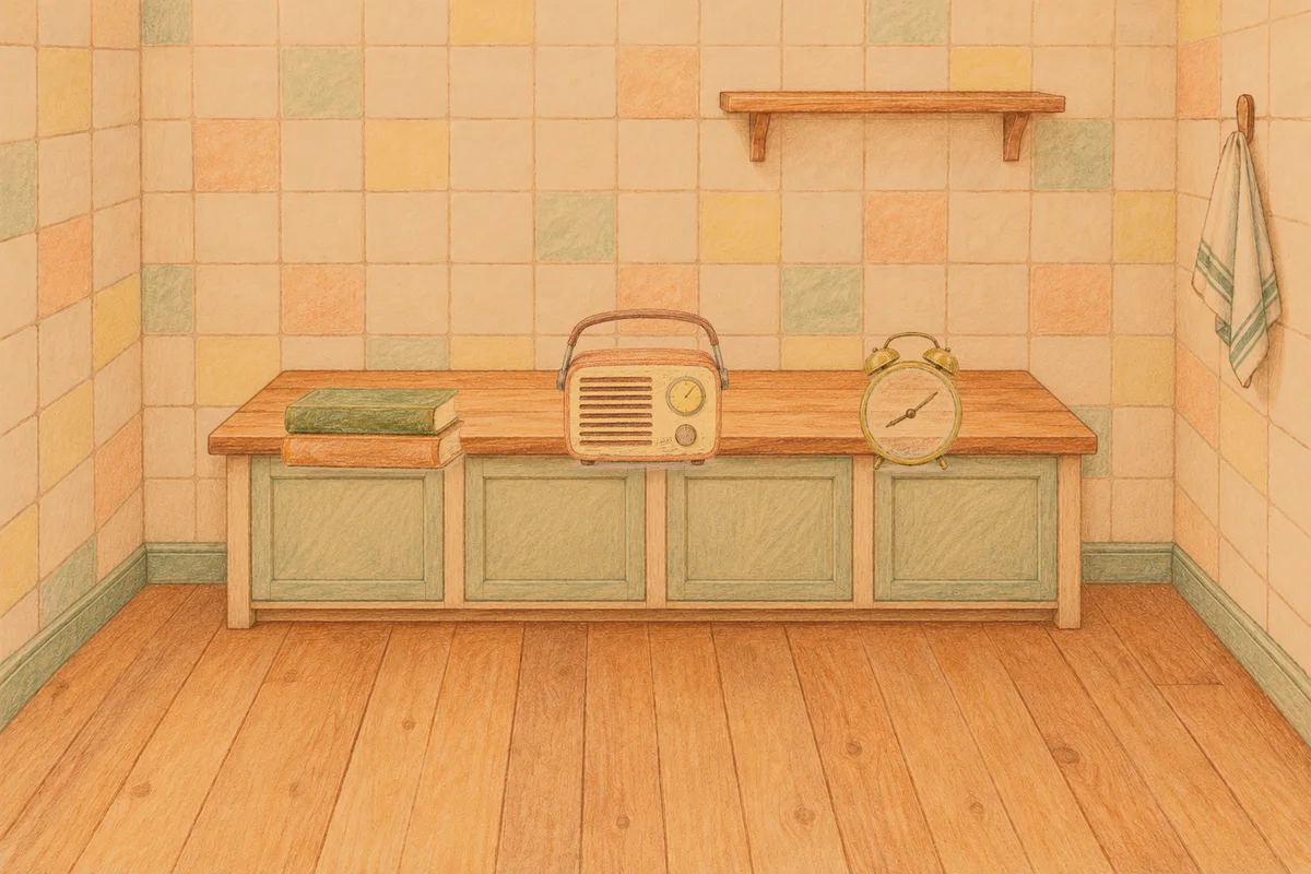 과천 여성전용 홈케어 후기 안내 그림, 저녁의 부엌 나무 조리대 위에 놓인 책 두 권, 작은 라디오, 둥근 알람시계
