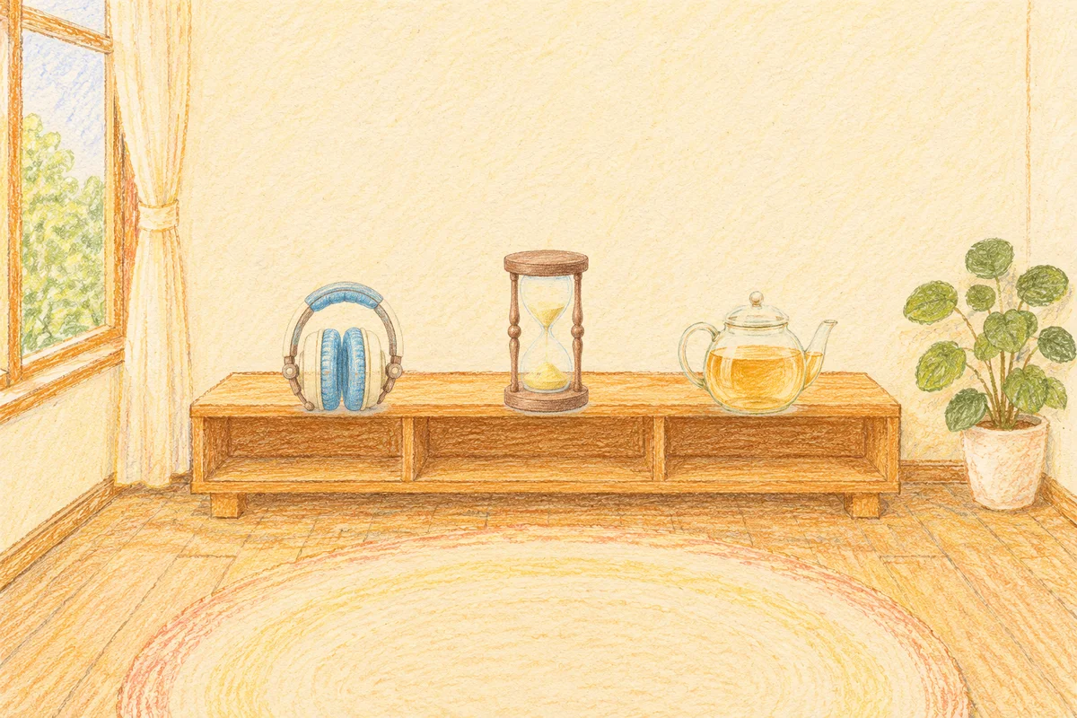 과천 여성전용 발관리 안내 그림, 낮의 창가 낮은 선반 위에 놓인 헤드폰, 모래시계, 유리 티포트
