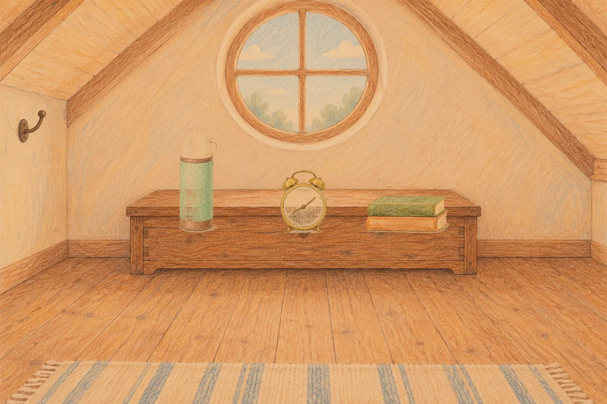 과천 여성전용 발 케어 안내 그림, 저녁의 다락방 나무 궤짝 위에 놓인 보온병, 둥근 알람시계, 책 두 권