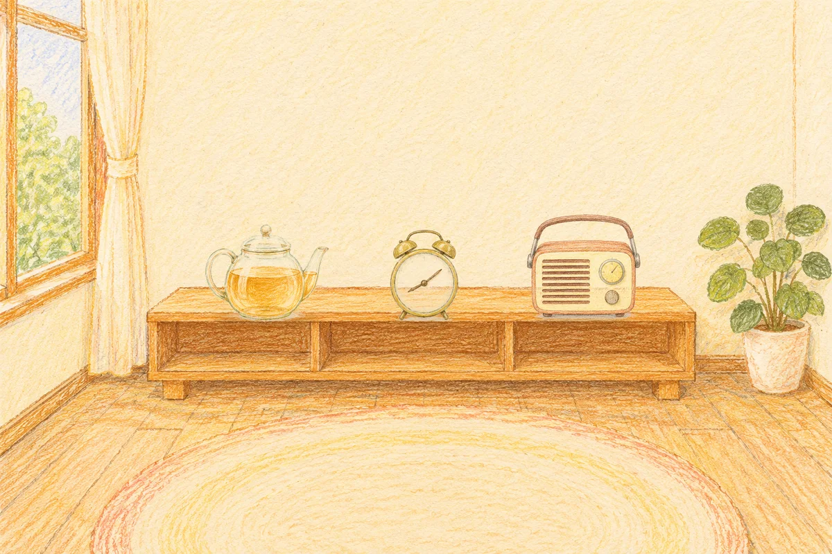 과천 여성전용 부종 케어 안내 그림, 낮의 창가 낮은 선반 위에 놓인 유리 티포트, 둥근 알람시계, 작은 라디오