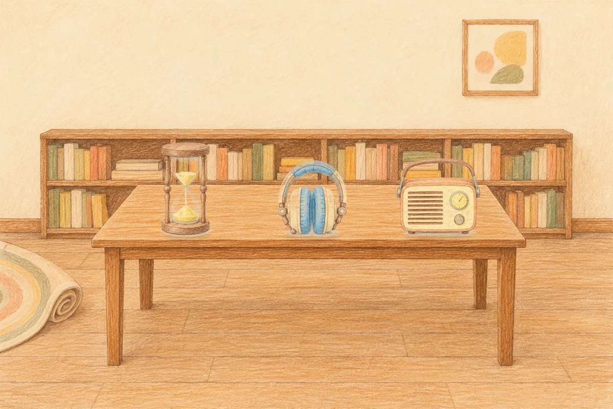 과천 여성전용 셀룰라이트 관리 안내 그림, 낮의 서재 긴 책상 위에 놓인 모래시계, 헤드폰, 작은 라디오