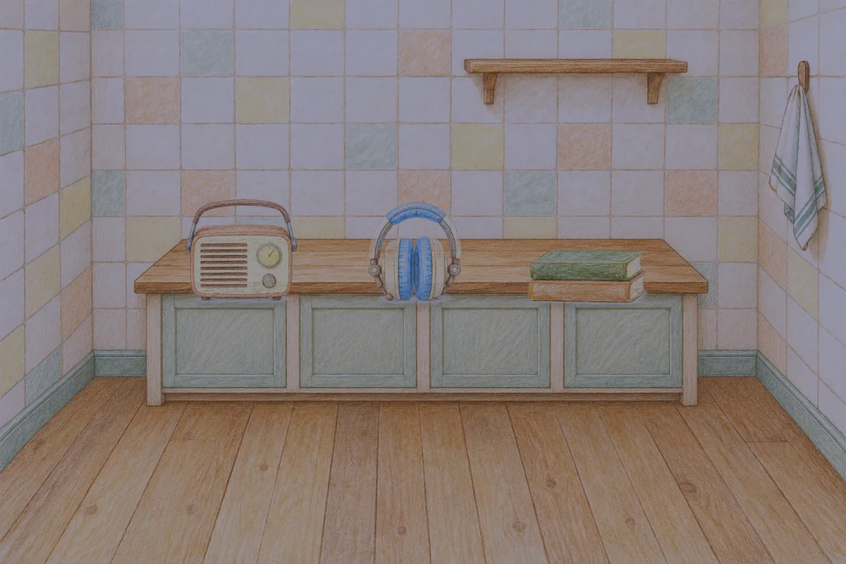 과천 여성전용 슬리밍 마사지 안내 그림, 밤의 부엌 나무 조리대 위에 놓인 작은 라디오, 헤드폰, 책 두 권