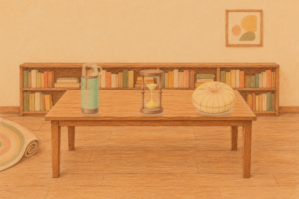 과천 여성전용 디톡스 마사지 안내 그림, 저녁의 서재 긴 책상 위에 놓인 보온병, 모래시계, 둥근 쿠션