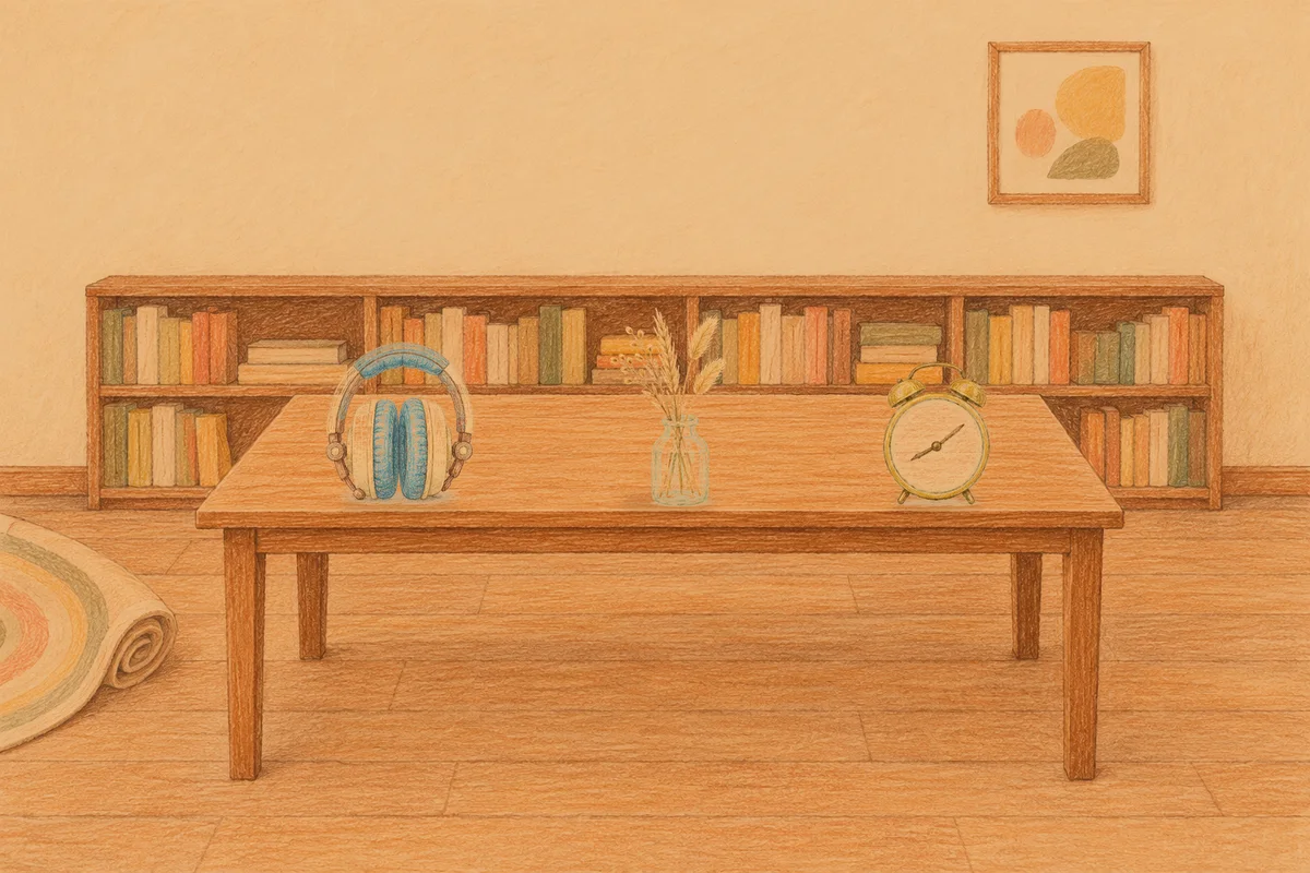 과천 여성전용 다이어트 마사지 안내 그림, 저녁의 서재 긴 책상 위에 놓인 헤드폰, 마른 풀을 꽂은 항아리, 둥근 알람시계