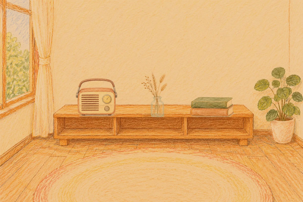 과천 여성전용 종아리 케어 안내 그림, 저녁의 창가 낮은 선반 위에 놓인 작은 라디오, 마른 풀을 꽂은 항아리, 책 두 권
