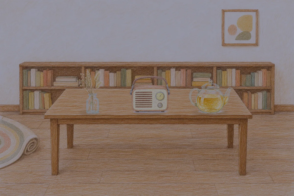 과천 여성전용 등 마사지 안내 그림, 밤의 서재 긴 책상 위에 놓인 마른 풀을 꽂은 항아리, 작은 라디오, 유리 티포트
