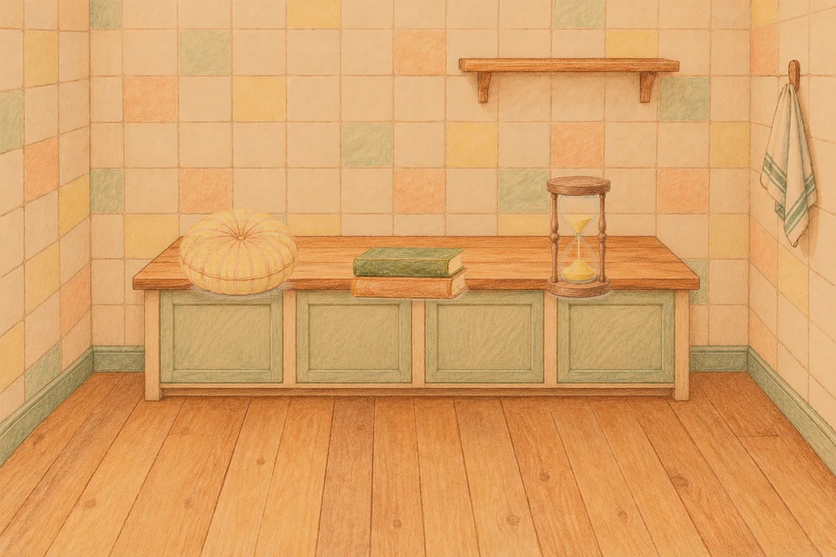 과천 여성전용 어깨 마사지 안내 그림, 저녁의 부엌 나무 조리대 위에 놓인 둥근 쿠션, 책 두 권, 모래시계