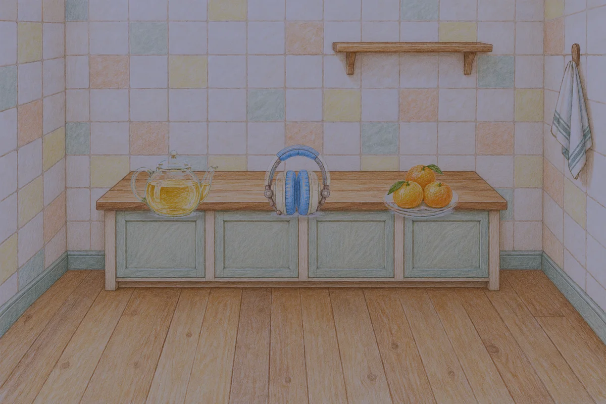 과천 여성전용 수면 케어 안내 그림, 밤의 부엌 나무 조리대 위에 놓인 유리 티포트, 헤드폰, 귤이 담긴 접시