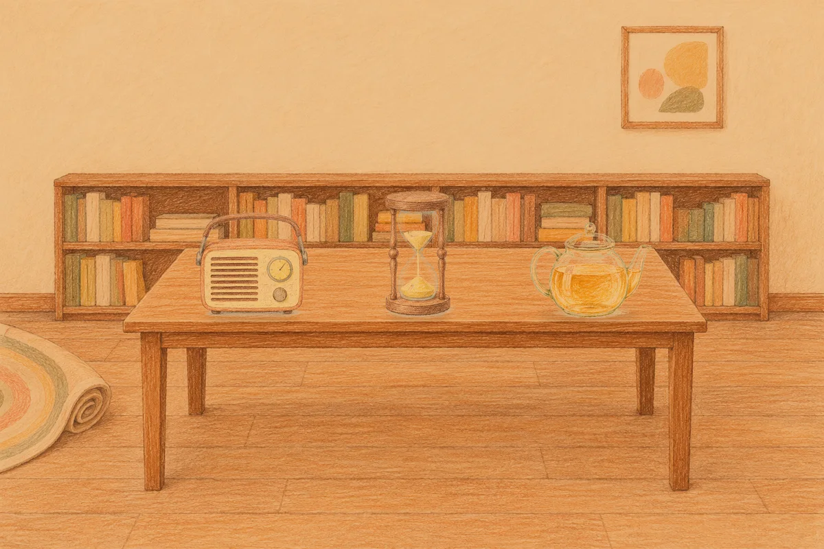 과천 여성전용 스트레스 케어 안내 그림, 저녁의 서재 긴 책상 위에 놓인 작은 라디오, 모래시계, 유리 티포트