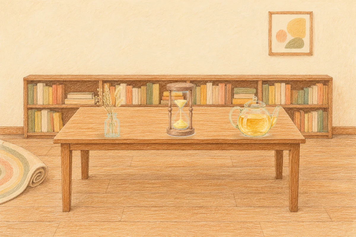 과천 여성전용 안티에이징 케어 안내 그림, 낮의 서재 긴 책상 위에 놓인 마른 풀을 꽂은 항아리, 모래시계, 유리 티포트