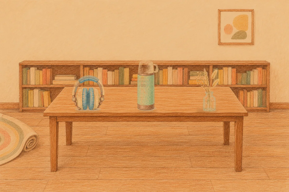 과천 여성전용 예약 마사지 안내 그림, 저녁의 서재 긴 책상 위에 놓인 헤드폰, 보온병, 마른 풀을 꽂은 항아리
