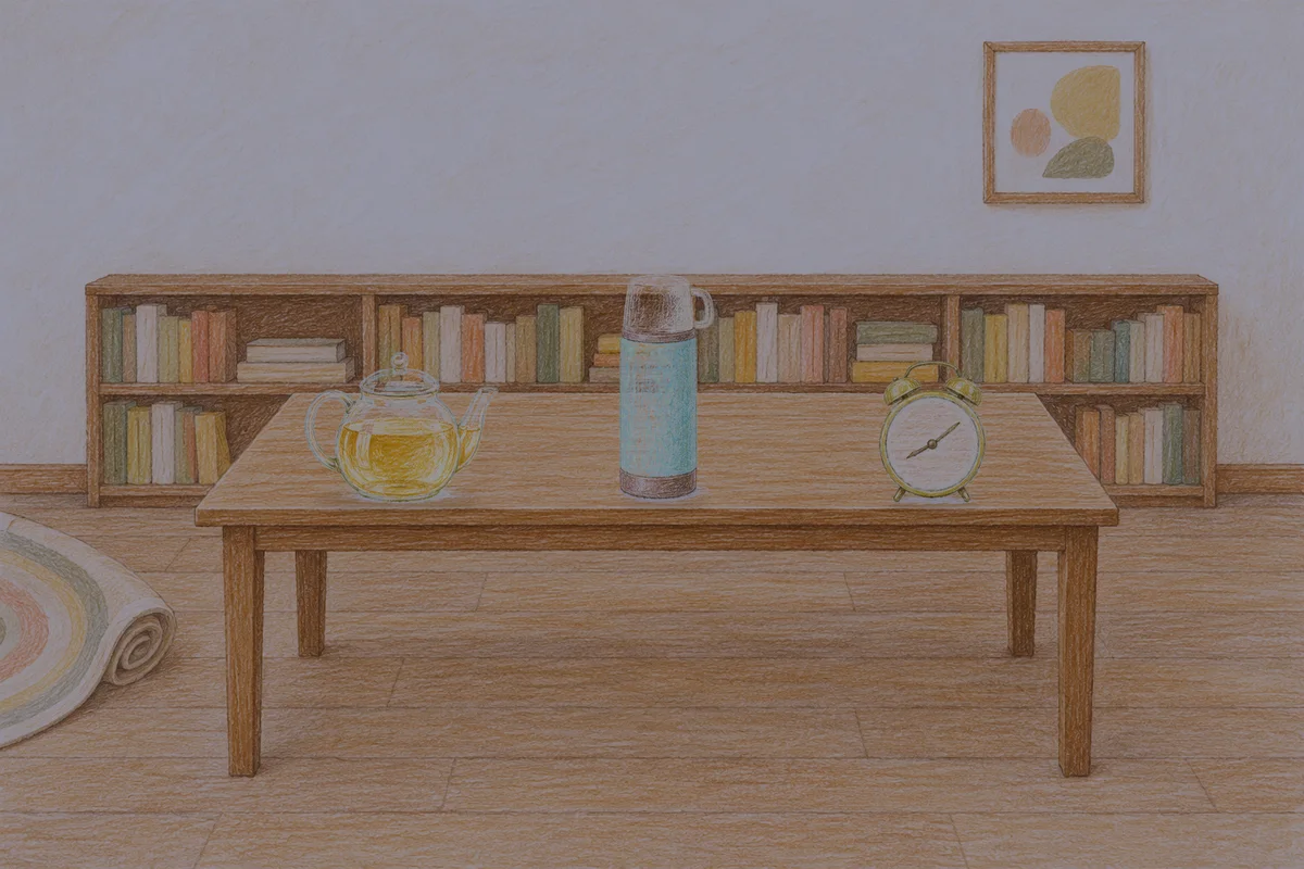 과천 여성전용 추천 마사지 안내 그림, 밤의 서재 긴 책상 위에 놓인 유리 티포트, 보온병, 둥근 알람시계