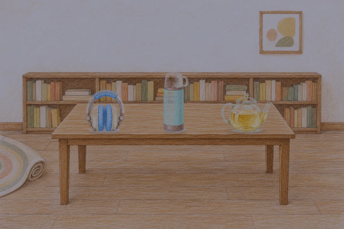 강남 여성전용 스웨디시 후기 안내 그림, 밤의 서재 긴 책상 위에 놓인 헤드폰, 보온병, 유리 티포트