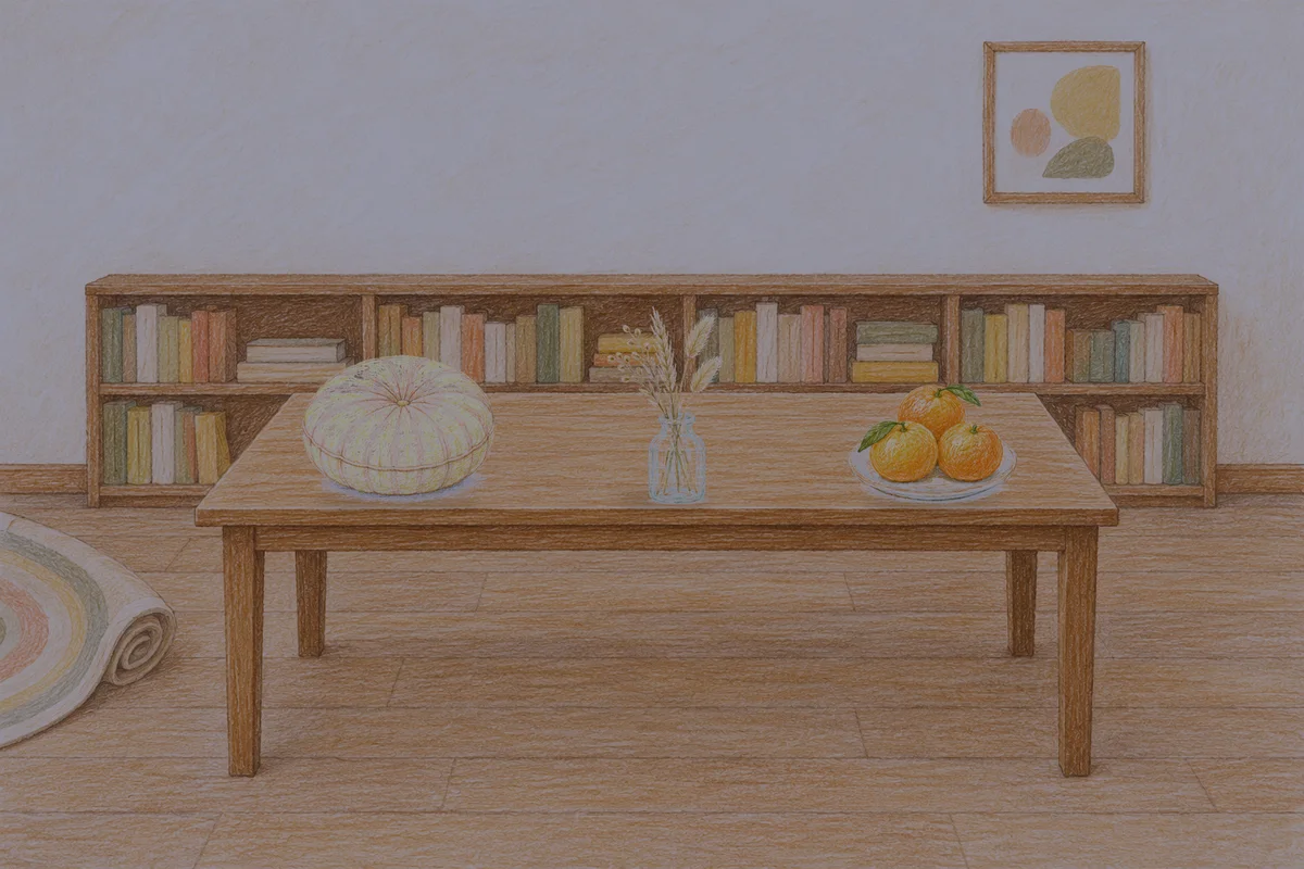 강남 여성전용 스웨디시 추천 안내 그림, 밤의 서재 긴 책상 위에 놓인 둥근 쿠션, 마른 풀을 꽂은 항아리, 귤이 담긴 접시