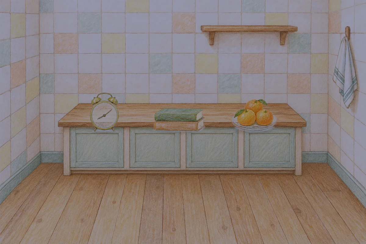 강남 여성전용 홈케어 추천 안내 그림, 밤의 부엌 나무 조리대 위에 놓인 둥근 알람시계, 책 두 권, 귤이 담긴 접시
