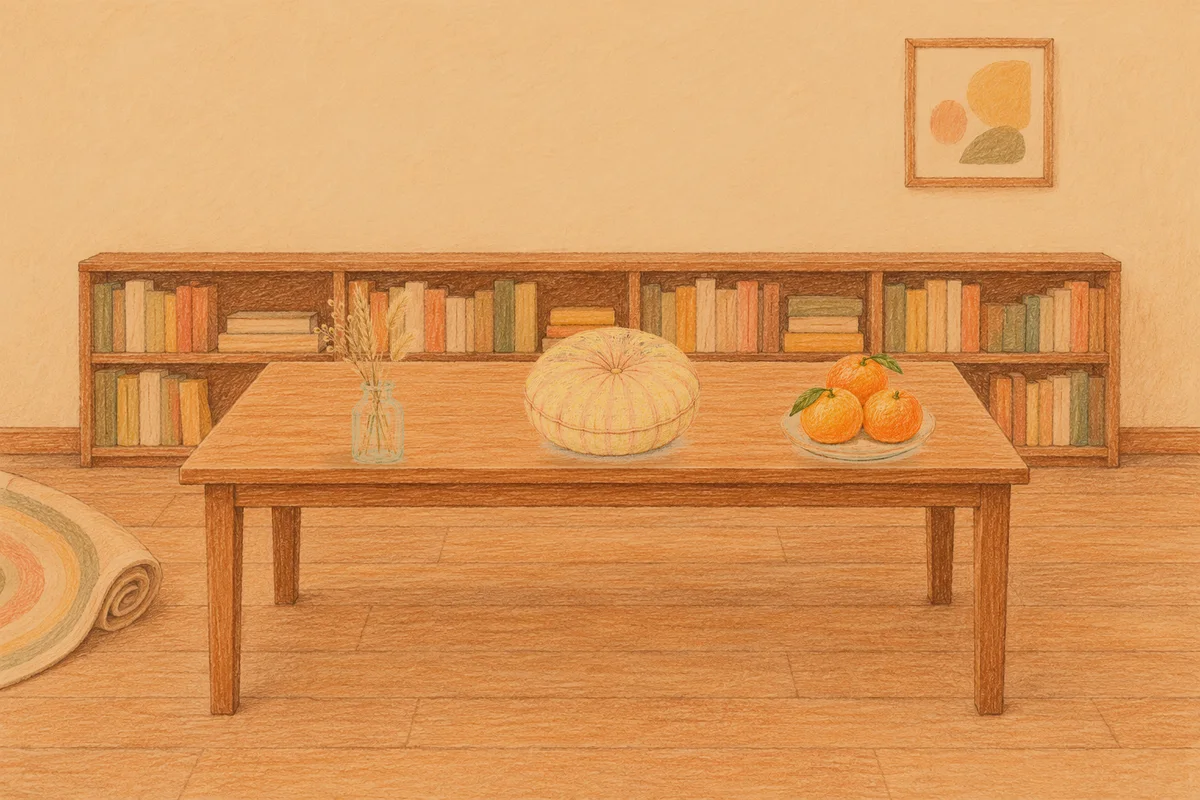 강남 여성전용 발마사지 안내 그림, 저녁의 서재 긴 책상 위에 놓인 마른 풀을 꽂은 항아리, 둥근 쿠션, 귤이 담긴 접시