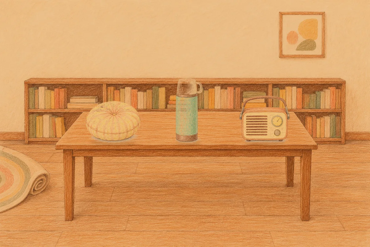 강남 여성전용 부종 케어 안내 그림, 저녁의 서재 긴 책상 위에 놓인 둥근 쿠션, 보온병, 작은 라디오