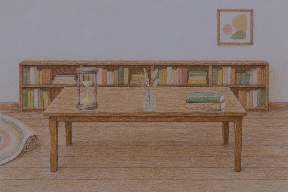 강남 여성전용 두피 마사지 안내 그림, 밤의 서재 긴 책상 위에 놓인 모래시계, 마른 풀을 꽂은 항아리, 책 두 권