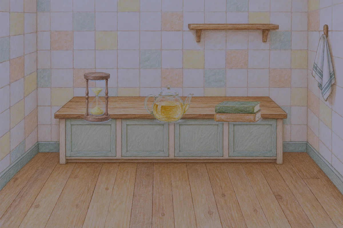 강남 여성전용 목 어깨 케어 안내 그림, 밤의 부엌 나무 조리대 위에 놓인 모래시계, 유리 티포트, 책 두 권