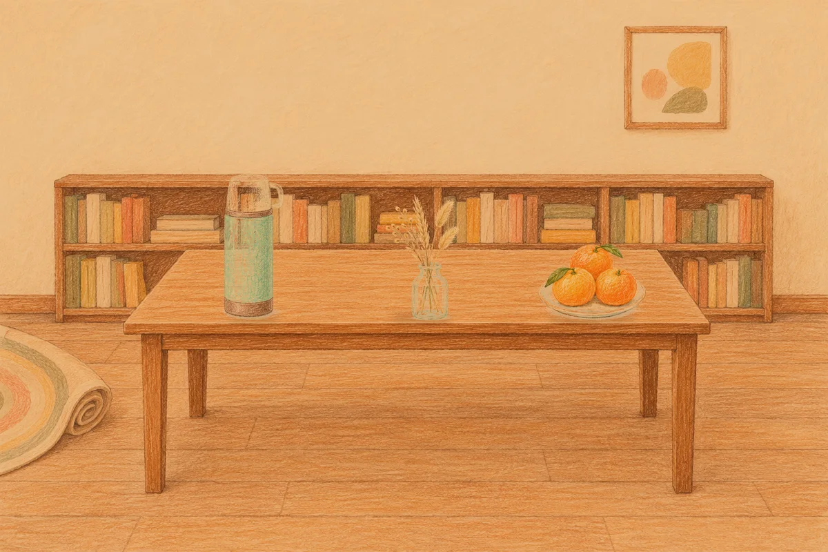 강남 여성전용 페이셜 마사지 안내 그림, 저녁의 서재 긴 책상 위에 놓인 보온병, 마른 풀을 꽂은 항아리, 귤이 담긴 접시