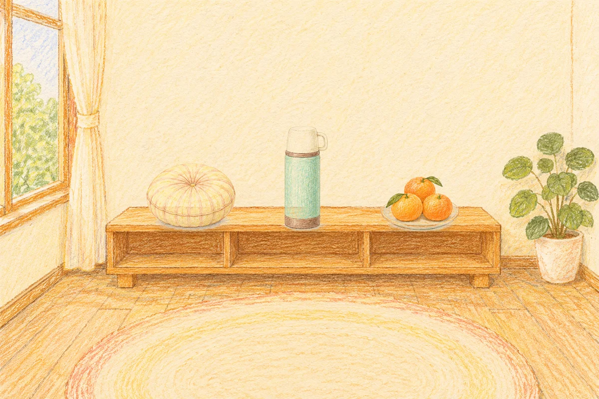 강남 여성전용 브라이덜 케어 안내 그림, 낮의 창가 낮은 선반 위에 놓인 둥근 쿠션, 보온병, 귤이 담긴 접시