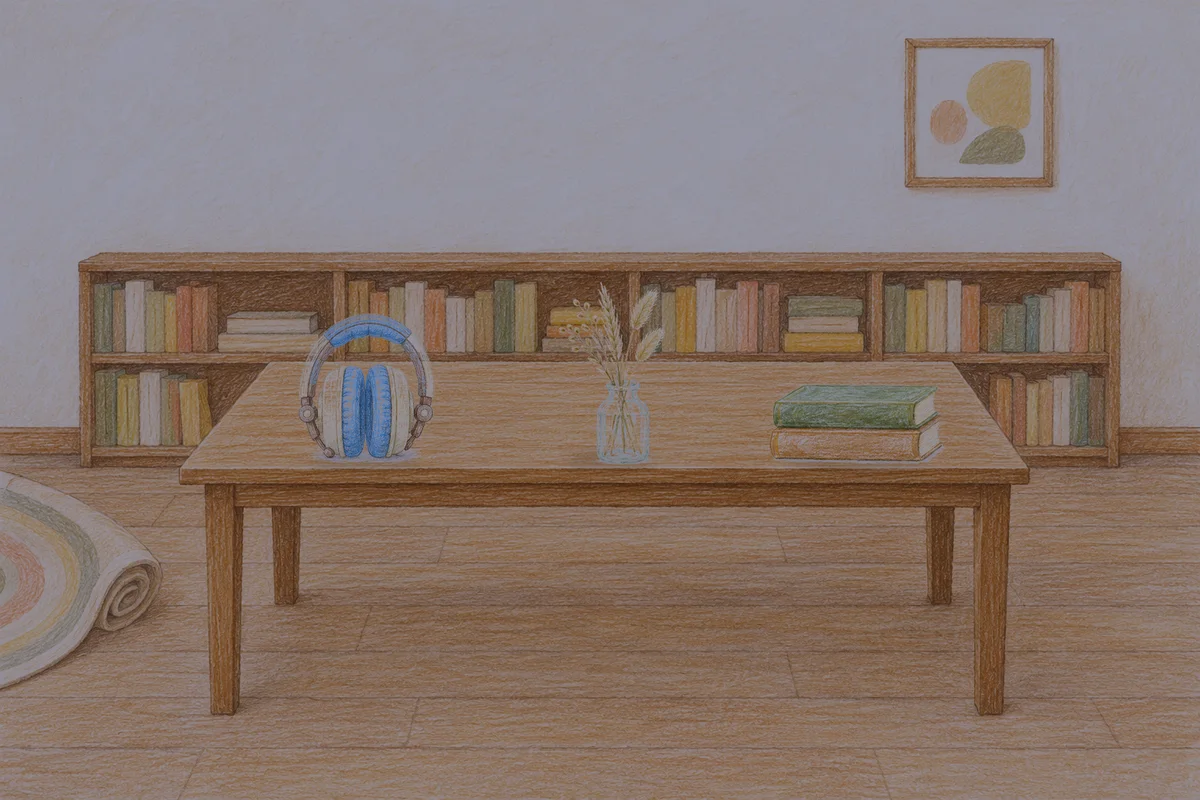 강남 여성전용 피부 관리 안내 그림, 밤의 서재 긴 책상 위에 놓인 헤드폰, 마른 풀을 꽂은 항아리, 책 두 권