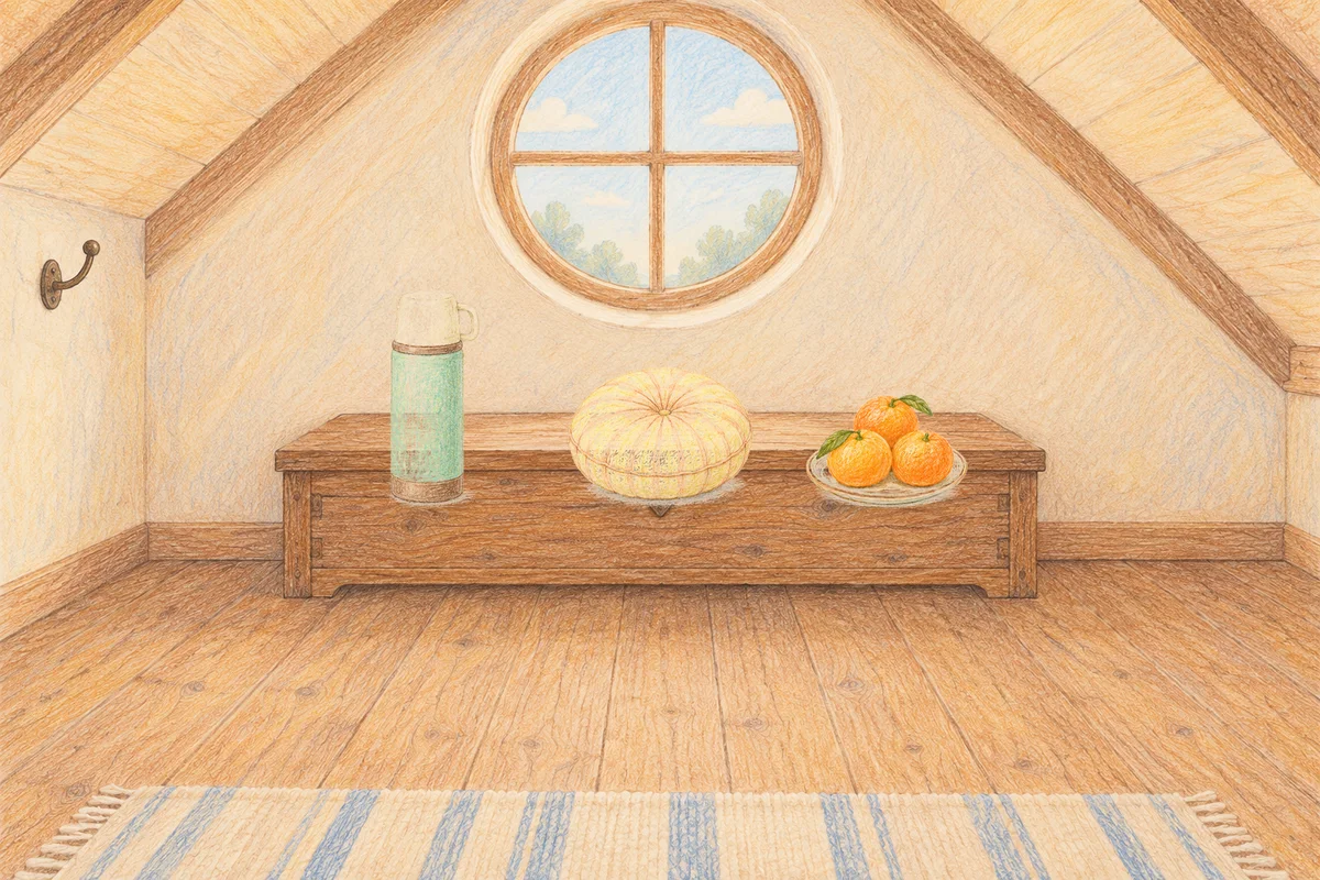 강남 여성전용 샵 마사지 안내 그림, 낮의 다락방 나무 궤짝 위에 놓인 보온병, 둥근 쿠션, 귤이 담긴 접시