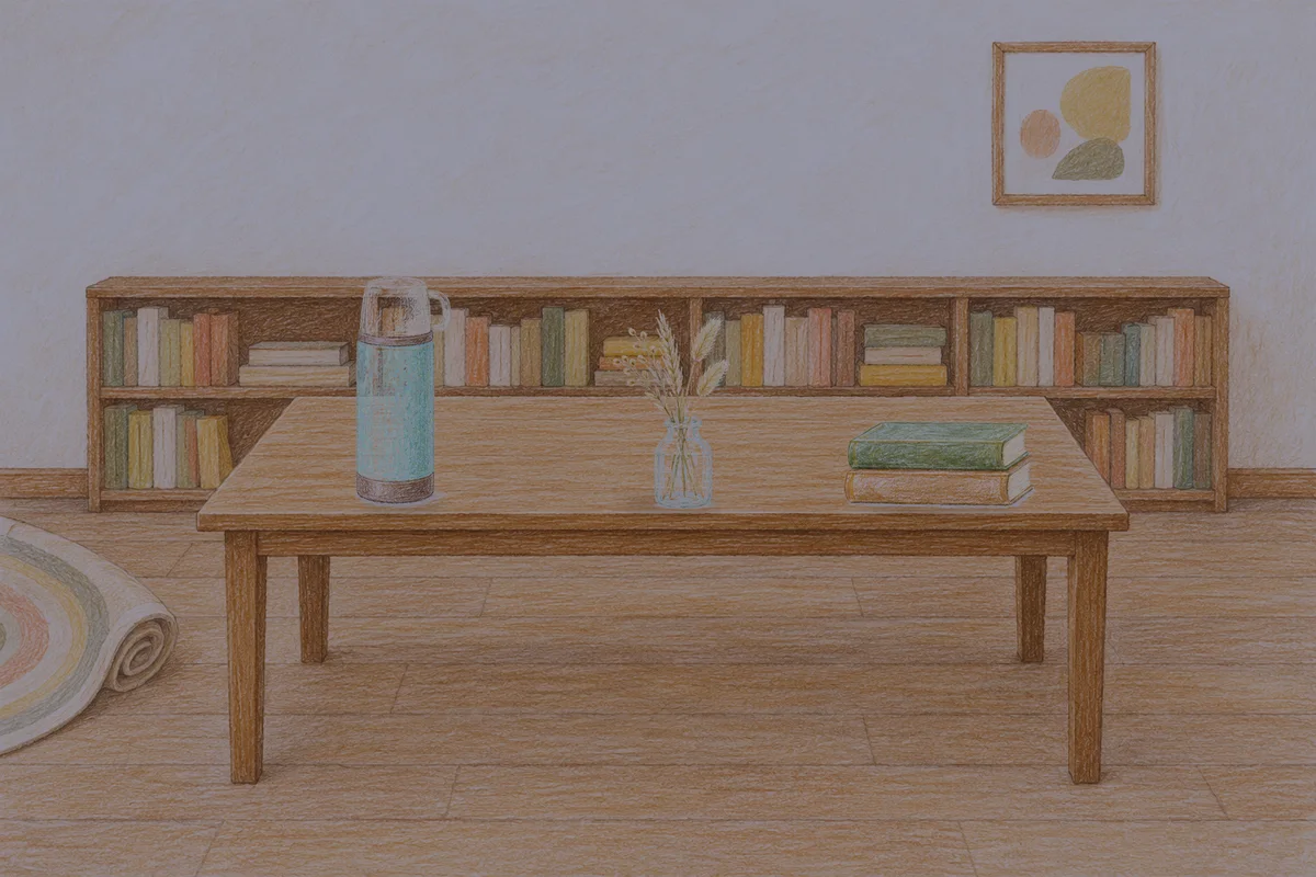 강남 여성전용 출장 마사지 안내 그림, 밤의 서재 긴 책상 위에 놓인 보온병, 마른 풀을 꽂은 항아리, 책 두 권
