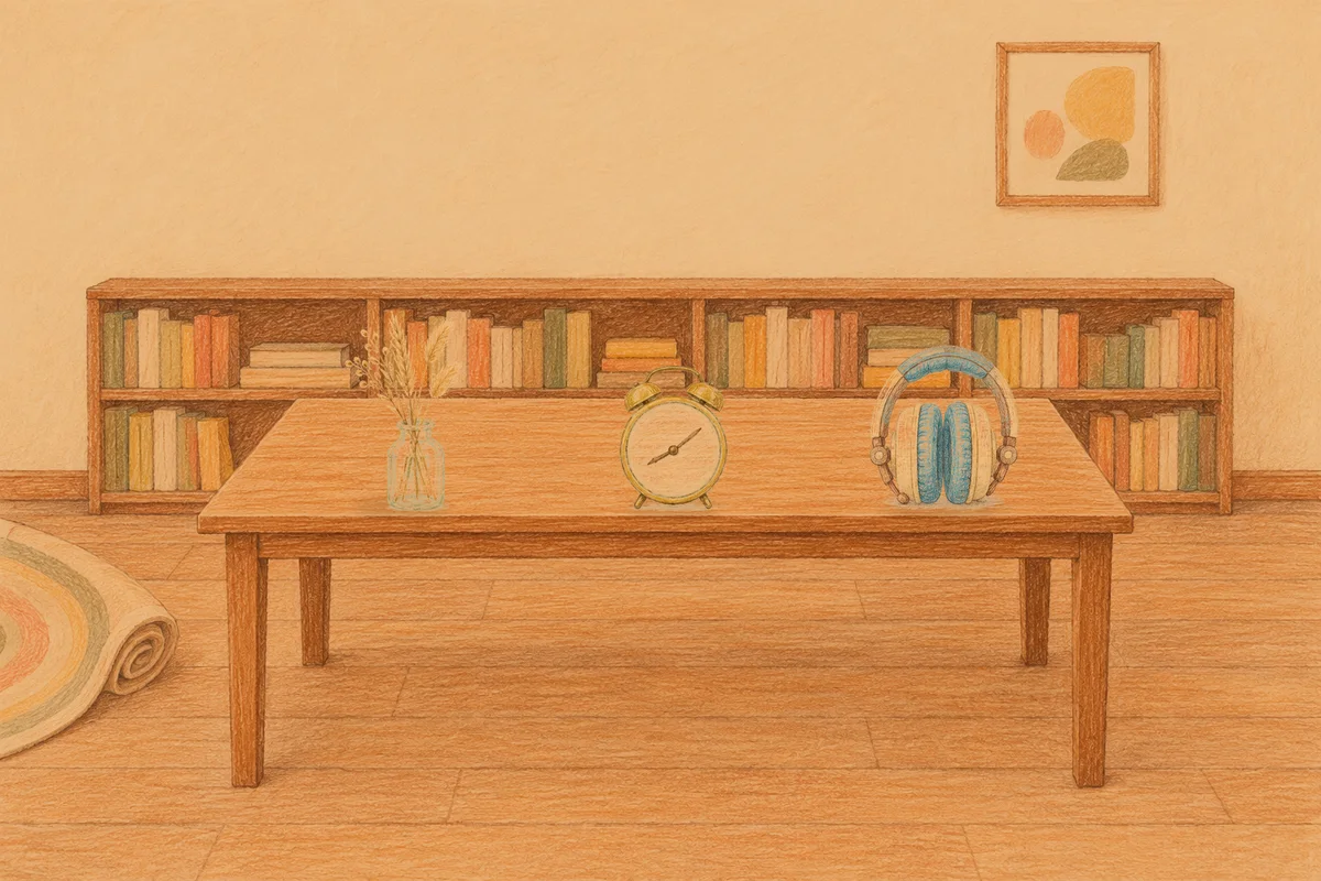 강동 여성전용 아로마 마사지 안내 그림, 저녁의 서재 긴 책상 위에 놓인 마른 풀을 꽂은 항아리, 둥근 알람시계, 헤드폰
