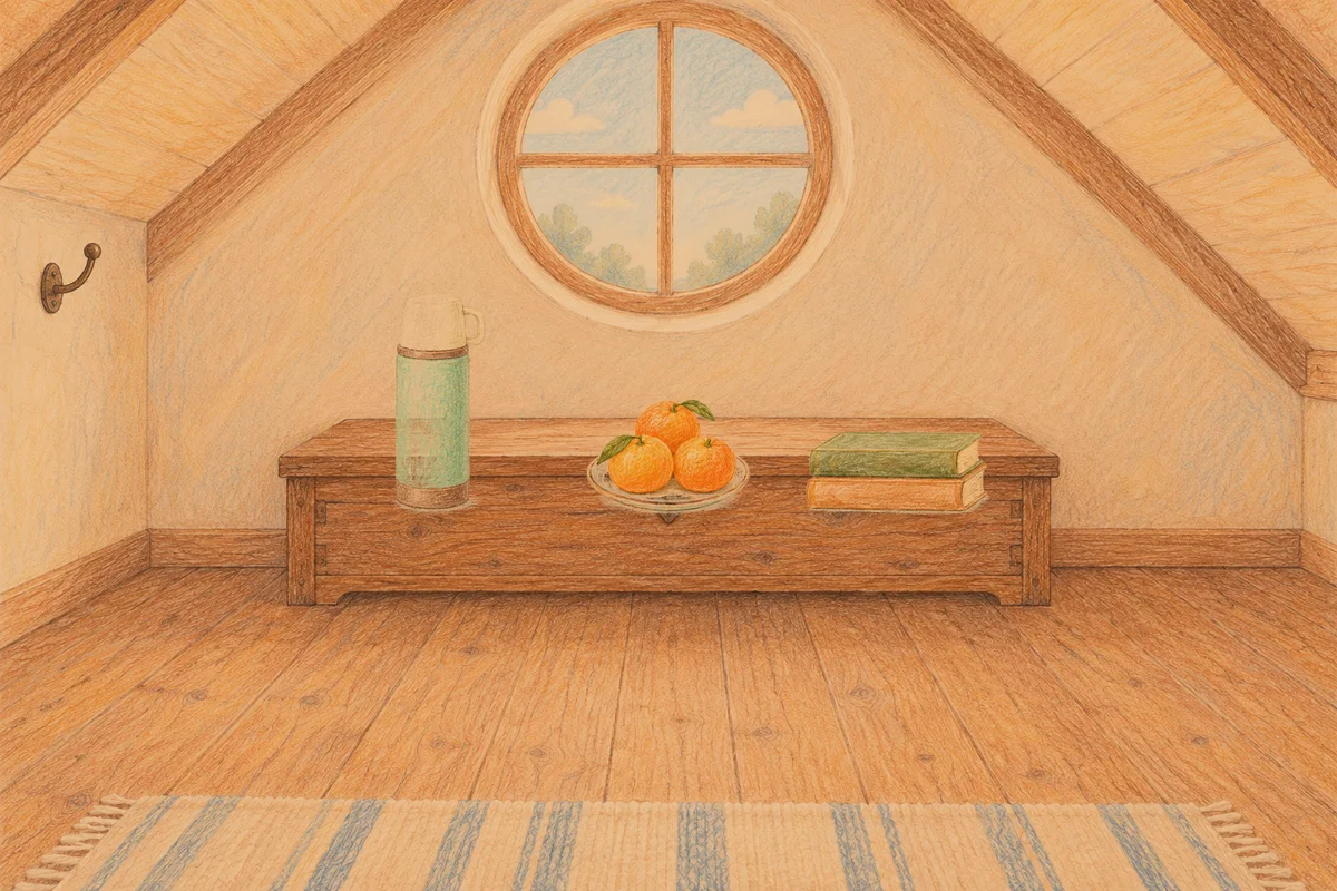 강동 여성전용 아로마테라피 안내 그림, 저녁의 다락방 나무 궤짝 위에 놓인 보온병, 귤이 담긴 접시, 책 두 권