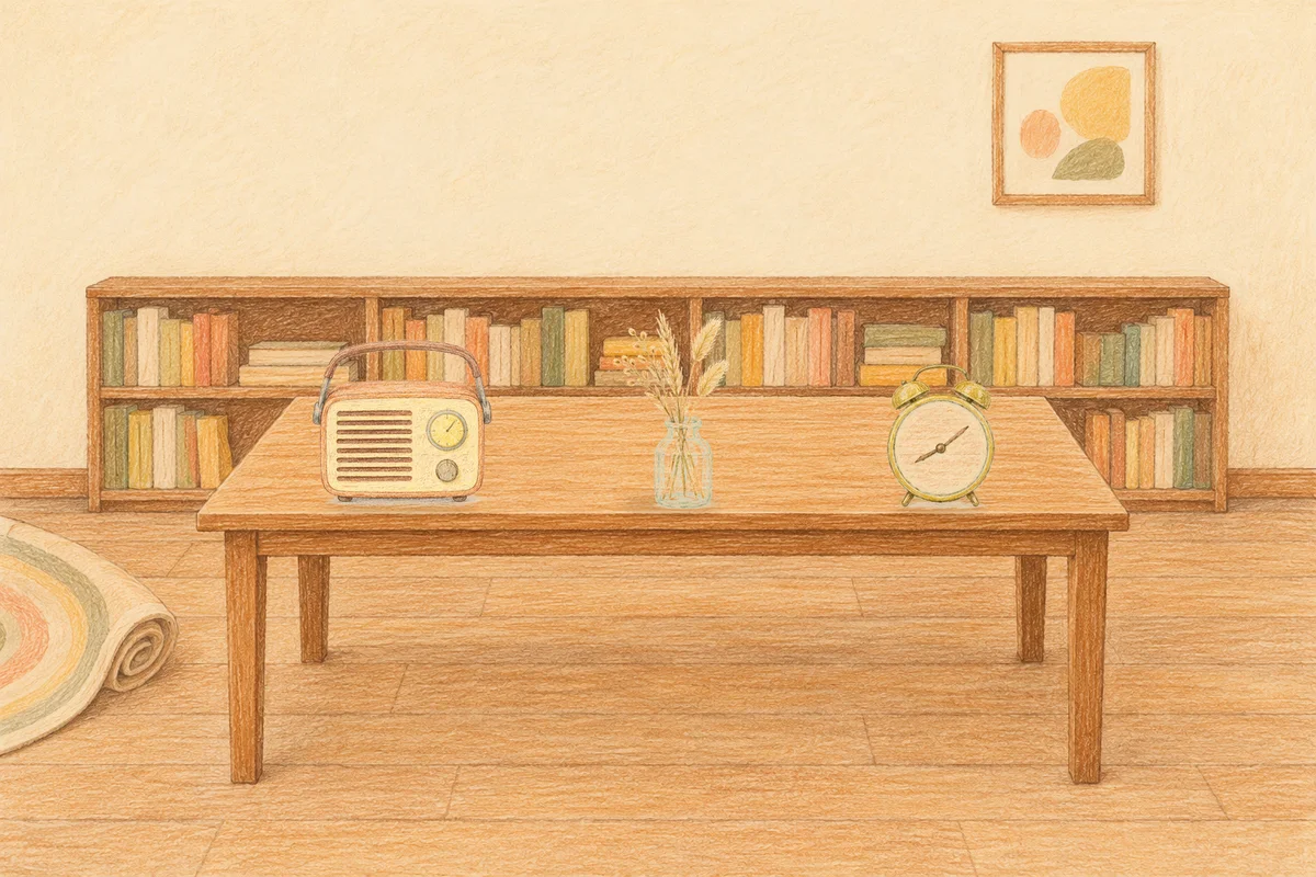 강동 여성전용 라벤더 아로마 안내 그림, 낮의 서재 긴 책상 위에 놓인 작은 라디오, 마른 풀을 꽂은 항아리, 둥근 알람시계