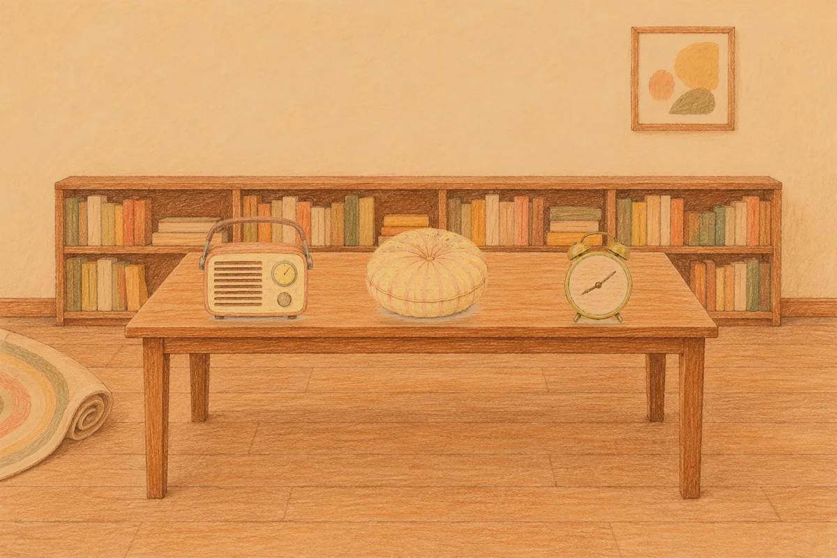 강동 여성전용 아로마 마사지 후기 안내 그림, 저녁의 서재 긴 책상 위에 놓인 작은 라디오, 둥근 쿠션, 둥근 알람시계
