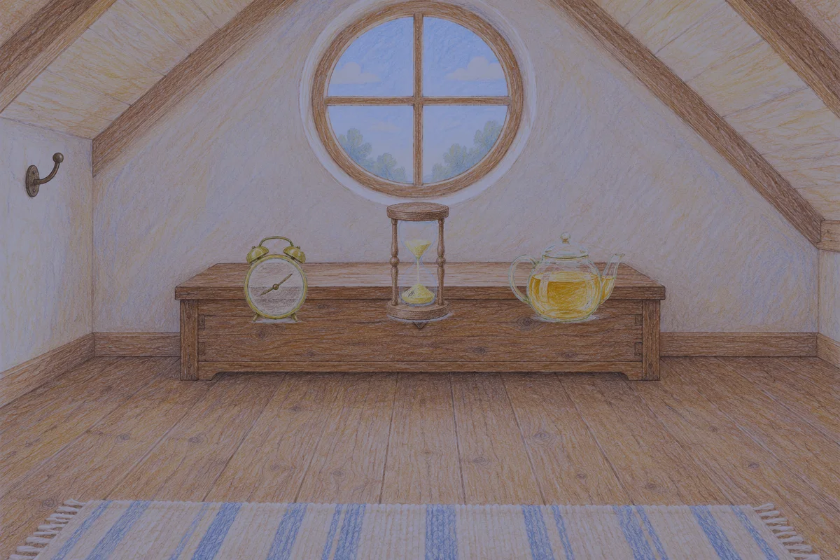 강동 여성전용 스웨디시 추천 안내 그림, 밤의 다락방 나무 궤짝 위에 놓인 둥근 알람시계, 모래시계, 유리 티포트
