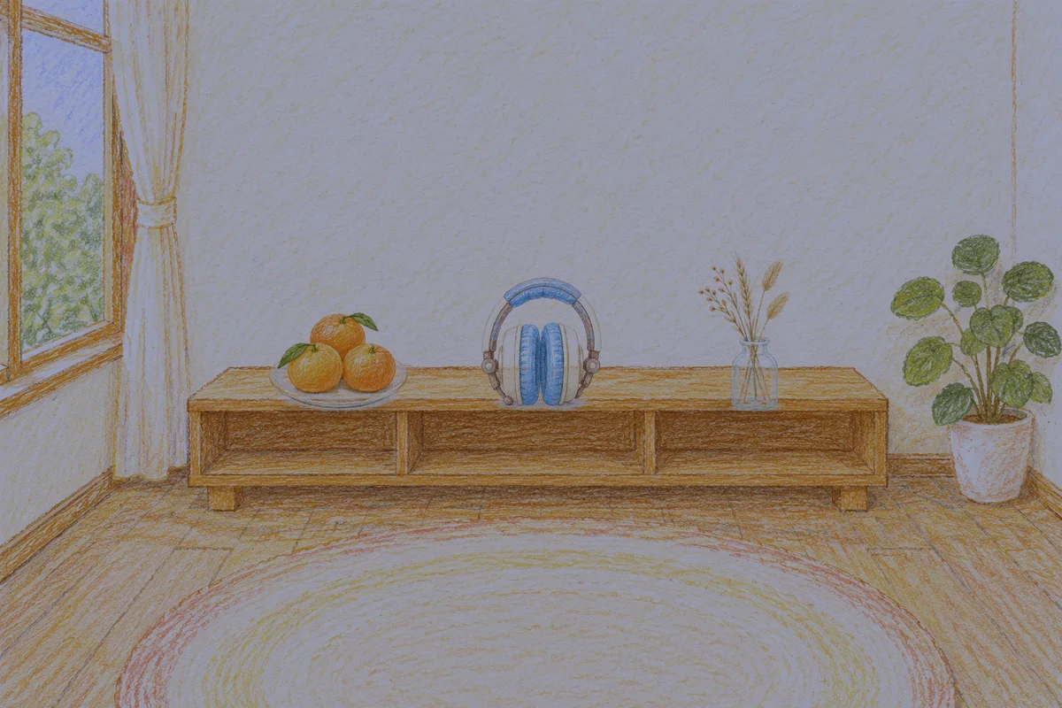 강동 여성전용 경락 마사지 안내 그림, 밤의 창가 낮은 선반 위에 놓인 귤이 담긴 접시, 헤드폰, 마른 풀을 꽂은 항아리