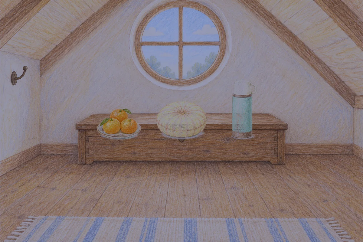 강동 여성전용 경락 케어 안내 그림, 밤의 다락방 나무 궤짝 위에 놓인 귤이 담긴 접시, 둥근 쿠션, 보온병