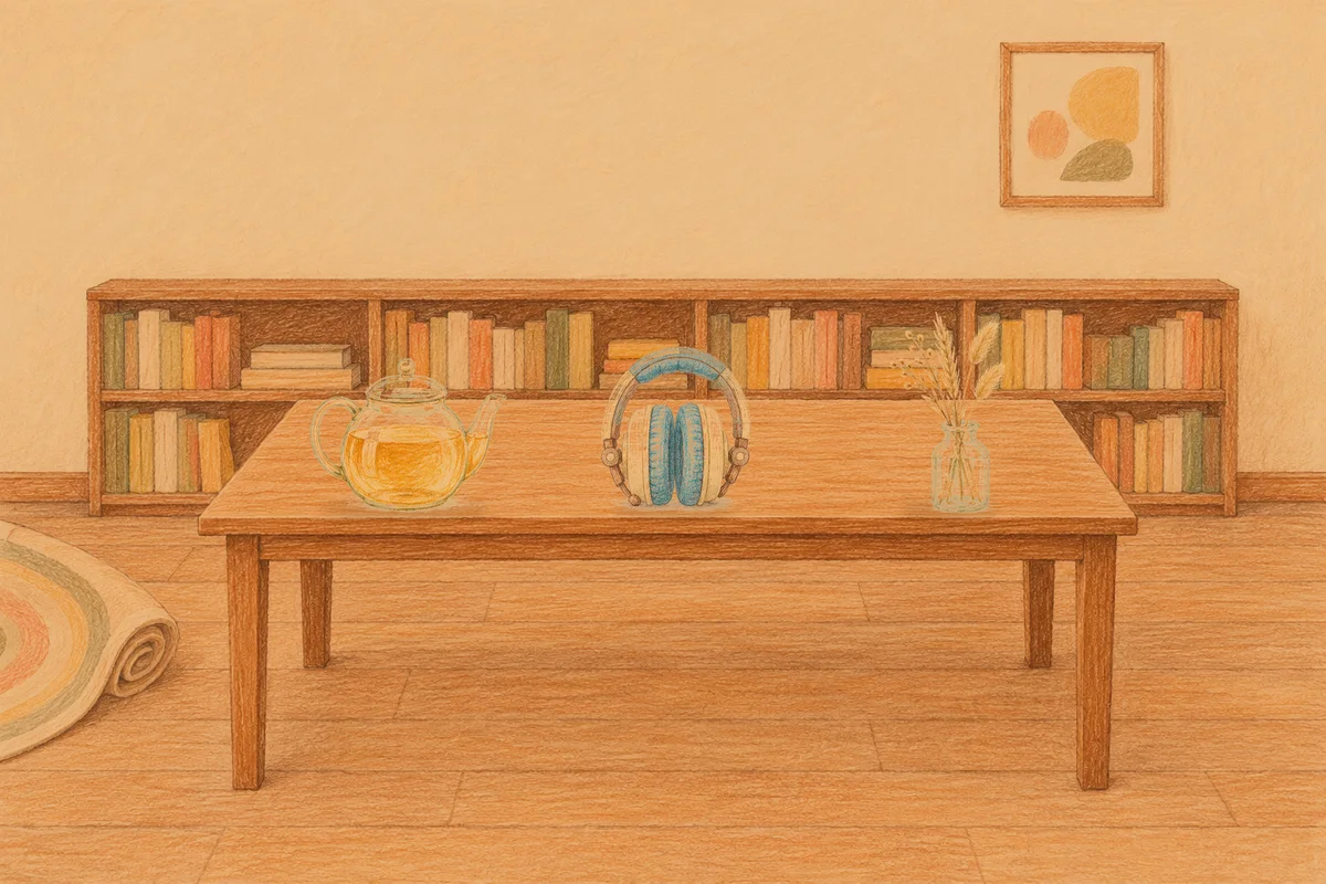 강동 여성전용 방문 홈케어 안내 그림, 저녁의 서재 긴 책상 위에 놓인 유리 티포트, 헤드폰, 마른 풀을 꽂은 항아리