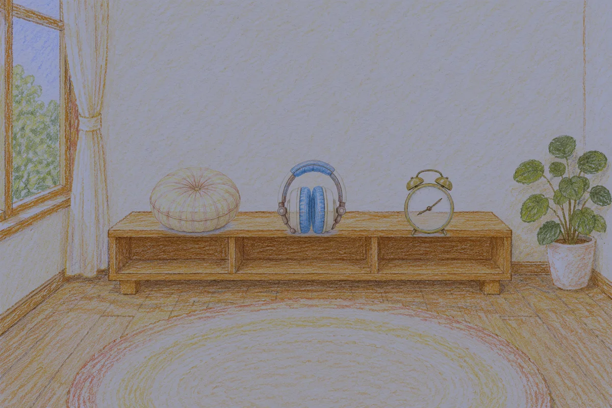 강동 여성전용 1인샵 안내 그림, 밤의 창가 낮은 선반 위에 놓인 둥근 쿠션, 헤드폰, 둥근 알람시계