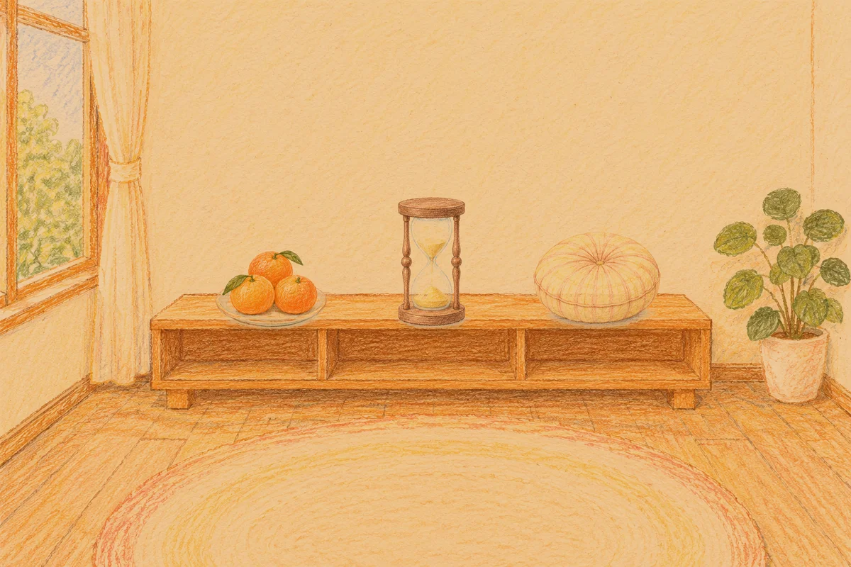 강동 여성전용 프라이빗 케어 안내 그림, 저녁의 창가 낮은 선반 위에 놓인 귤이 담긴 접시, 모래시계, 둥근 쿠션