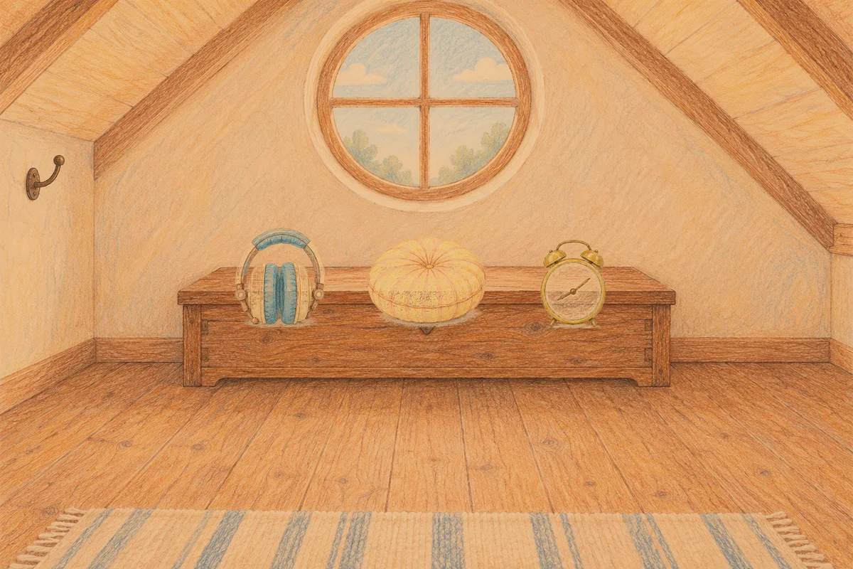 강동 여성전용 발관리 추천 안내 그림, 저녁의 다락방 나무 궤짝 위에 놓인 헤드폰, 둥근 쿠션, 둥근 알람시계