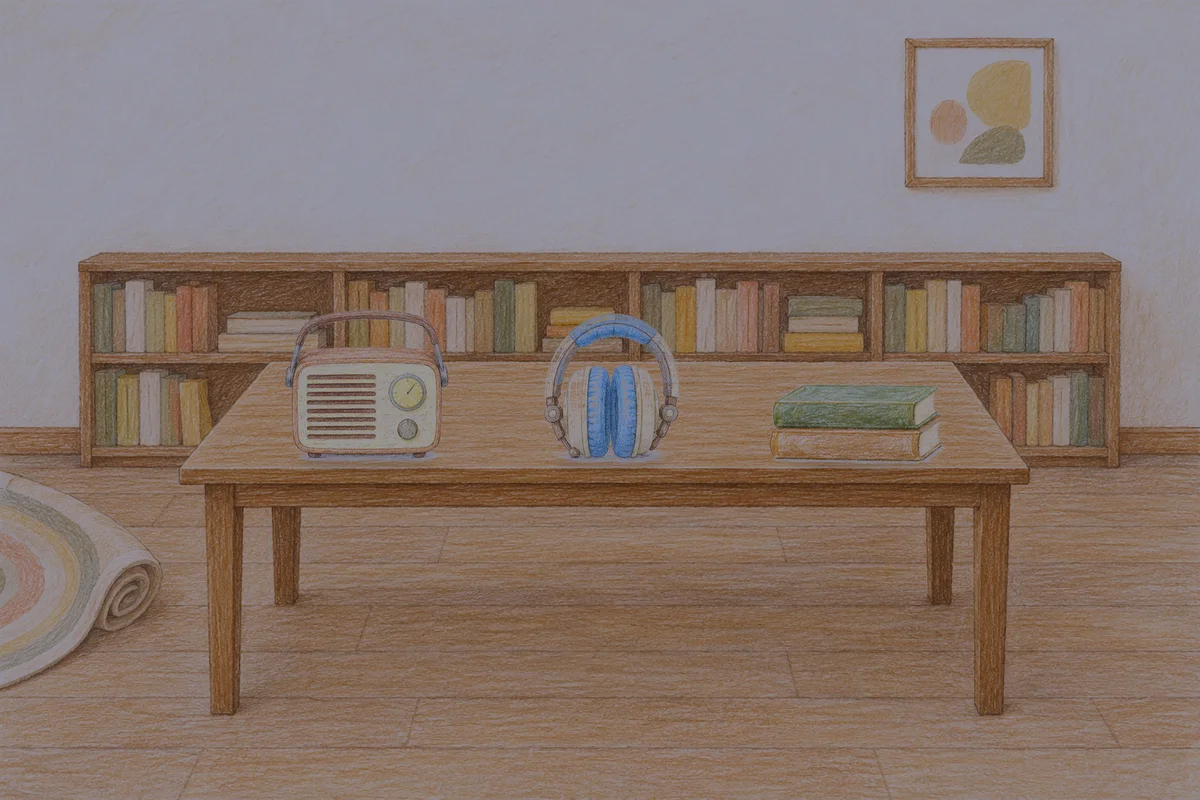 강동 여성전용 슬리밍 마사지 안내 그림, 밤의 서재 긴 책상 위에 놓인 작은 라디오, 헤드폰, 책 두 권