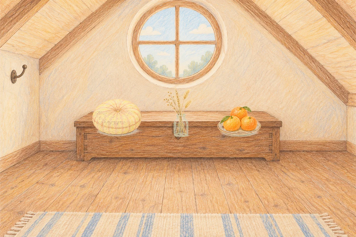 강동 여성전용 디톡스 마사지 안내 그림, 낮의 다락방 나무 궤짝 위에 놓인 둥근 쿠션, 마른 풀을 꽂은 항아리, 귤이 담긴 접시