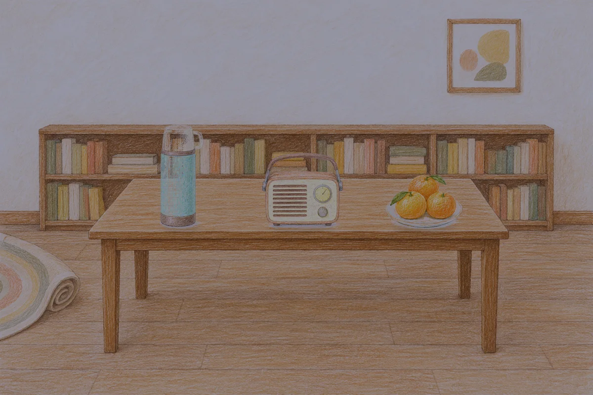 강동 여성전용 다이어트 마사지 안내 그림, 밤의 서재 긴 책상 위에 놓인 보온병, 작은 라디오, 귤이 담긴 접시