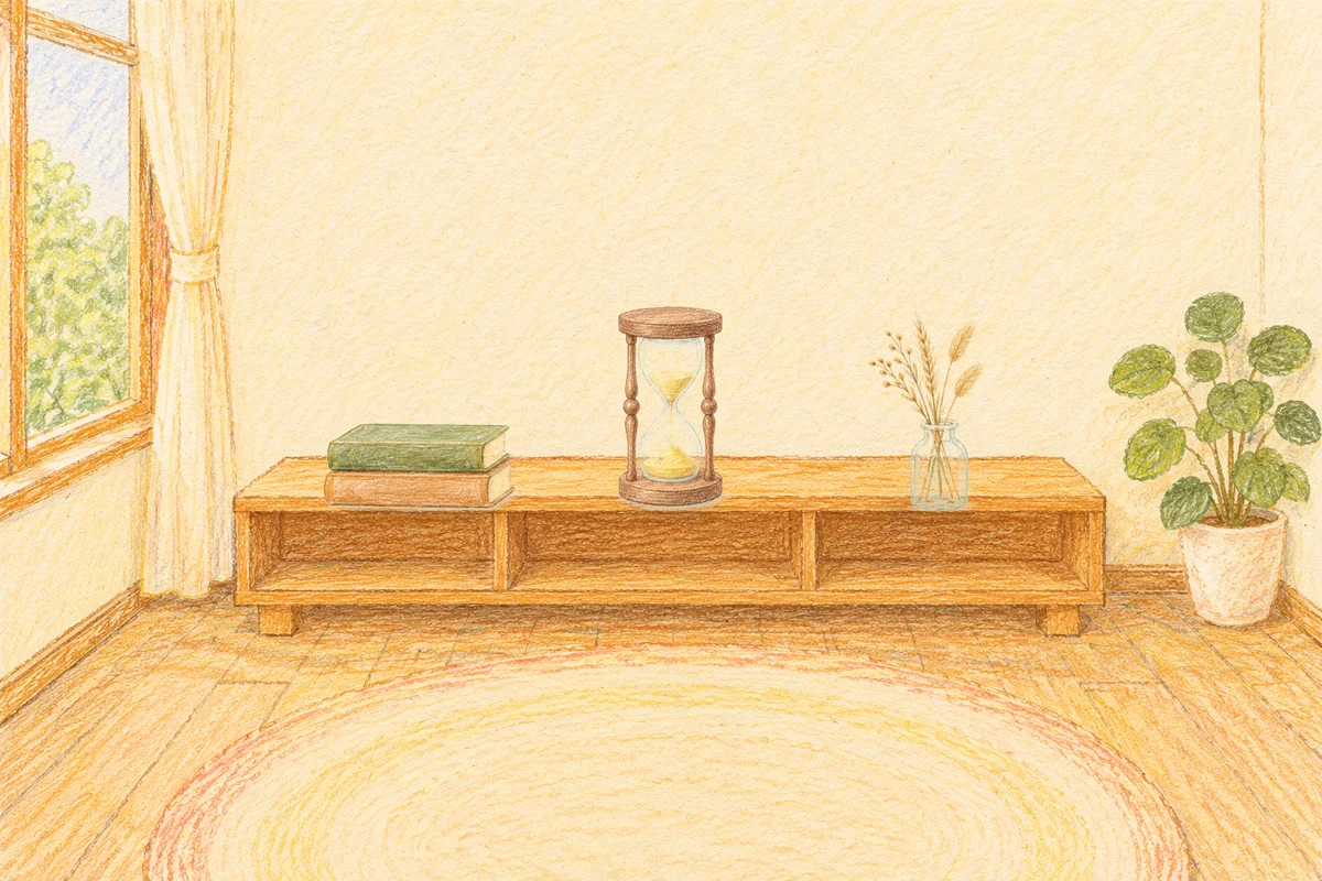 강동 여성전용 등 마사지 안내 그림, 낮의 창가 낮은 선반 위에 놓인 책 두 권, 모래시계, 마른 풀을 꽂은 항아리