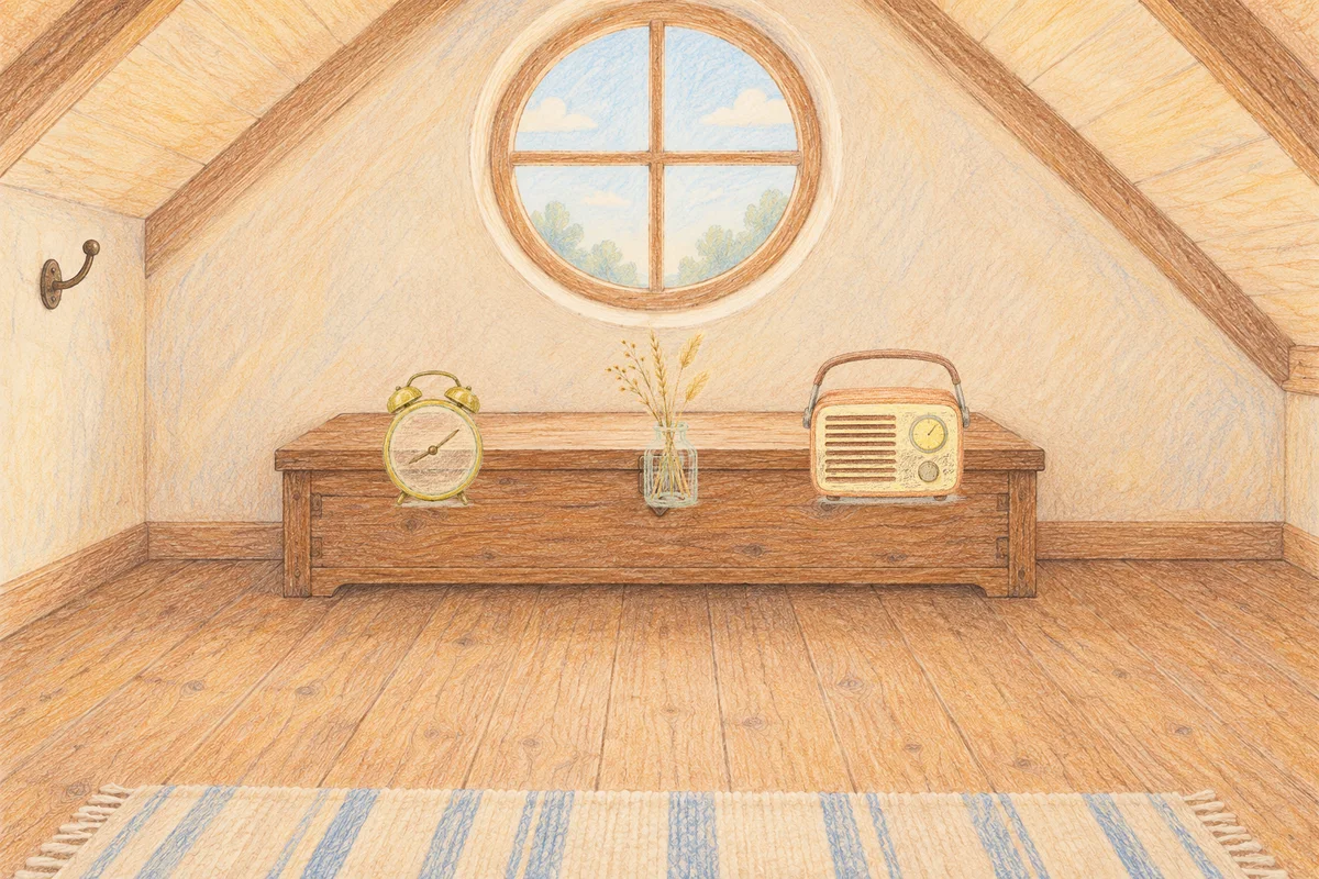 강동 여성전용 피로 회복 마사지 안내 그림, 낮의 다락방 나무 궤짝 위에 놓인 둥근 알람시계, 마른 풀을 꽂은 항아리, 작은 라디오