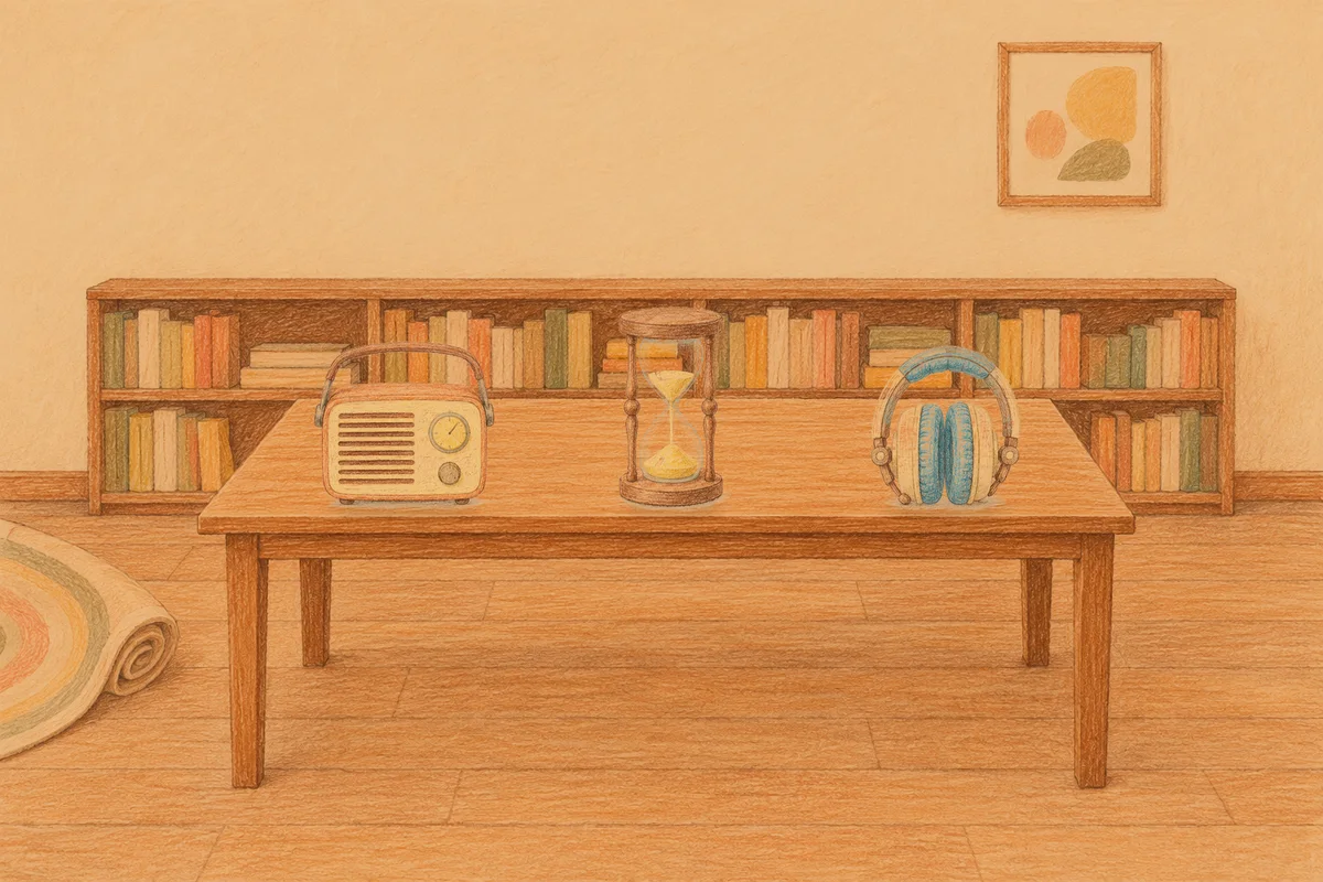 강동 여성전용 페이셜 마사지 안내 그림, 저녁의 서재 긴 책상 위에 놓인 작은 라디오, 모래시계, 헤드폰
