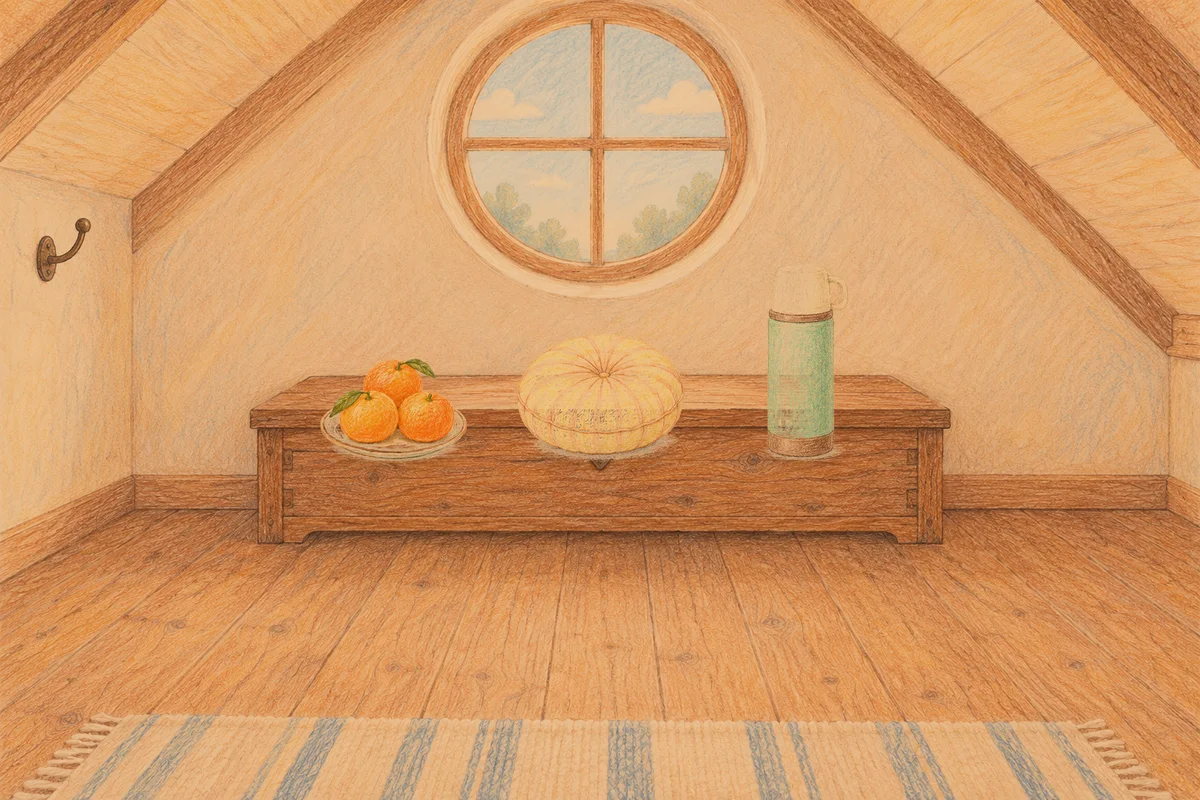 강동 여성전용 림프 페이셜 안내 그림, 저녁의 다락방 나무 궤짝 위에 놓인 귤이 담긴 접시, 둥근 쿠션, 보온병