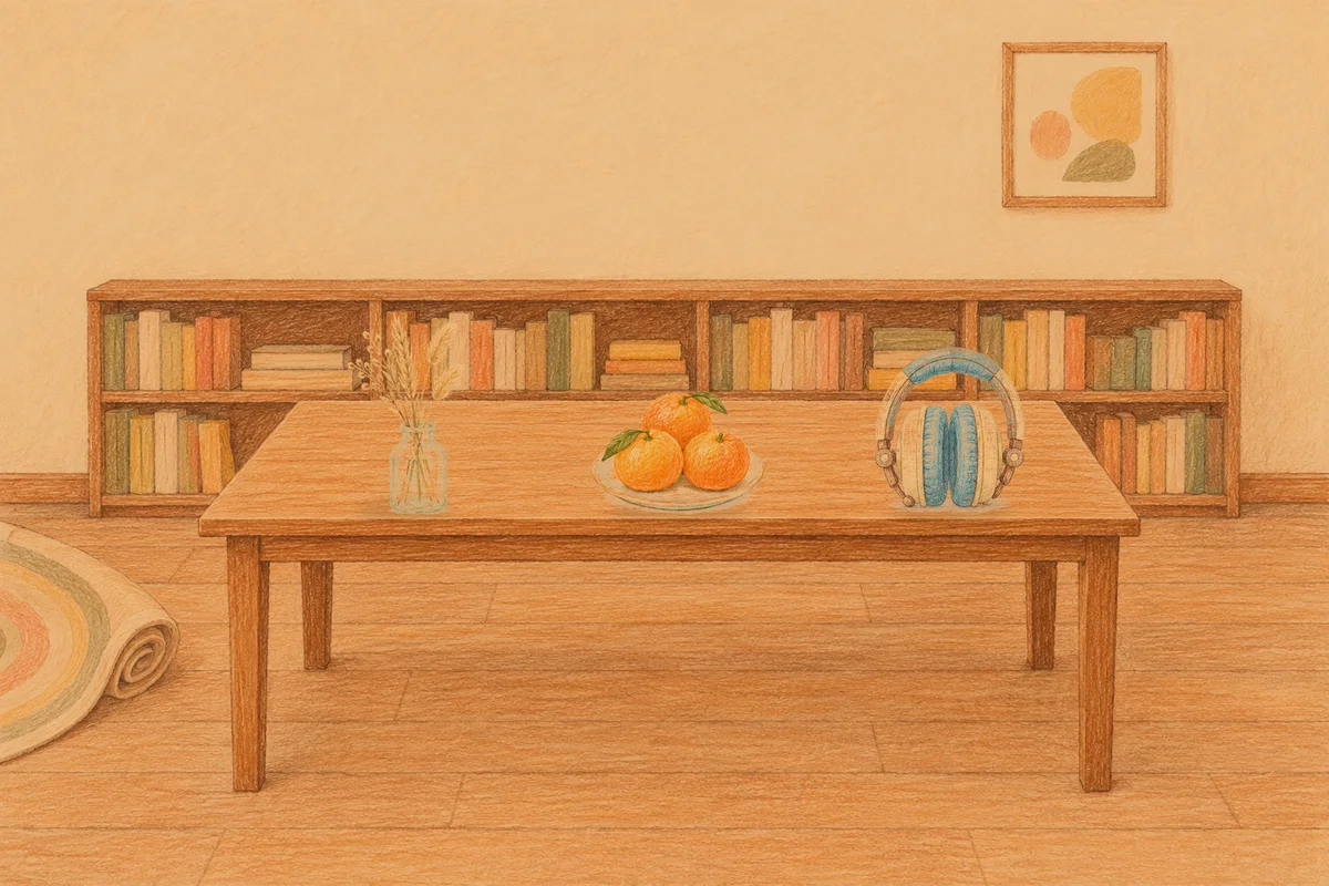 강동 여성전용 가격 마사지 안내 그림, 저녁의 서재 긴 책상 위에 놓인 마른 풀을 꽂은 항아리, 귤이 담긴 접시, 헤드폰